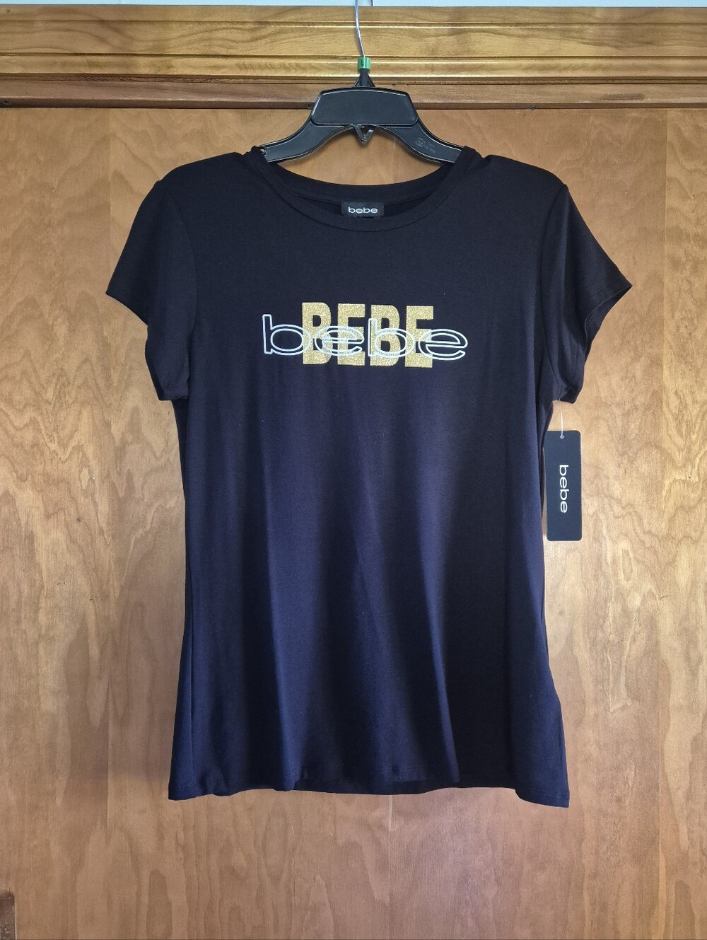 bebe Black Tee with Gold and White Logo